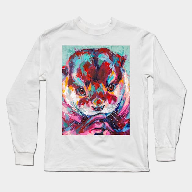 Otter portrait painting in multicolored tones. Long Sleeve T-Shirt by MariDein